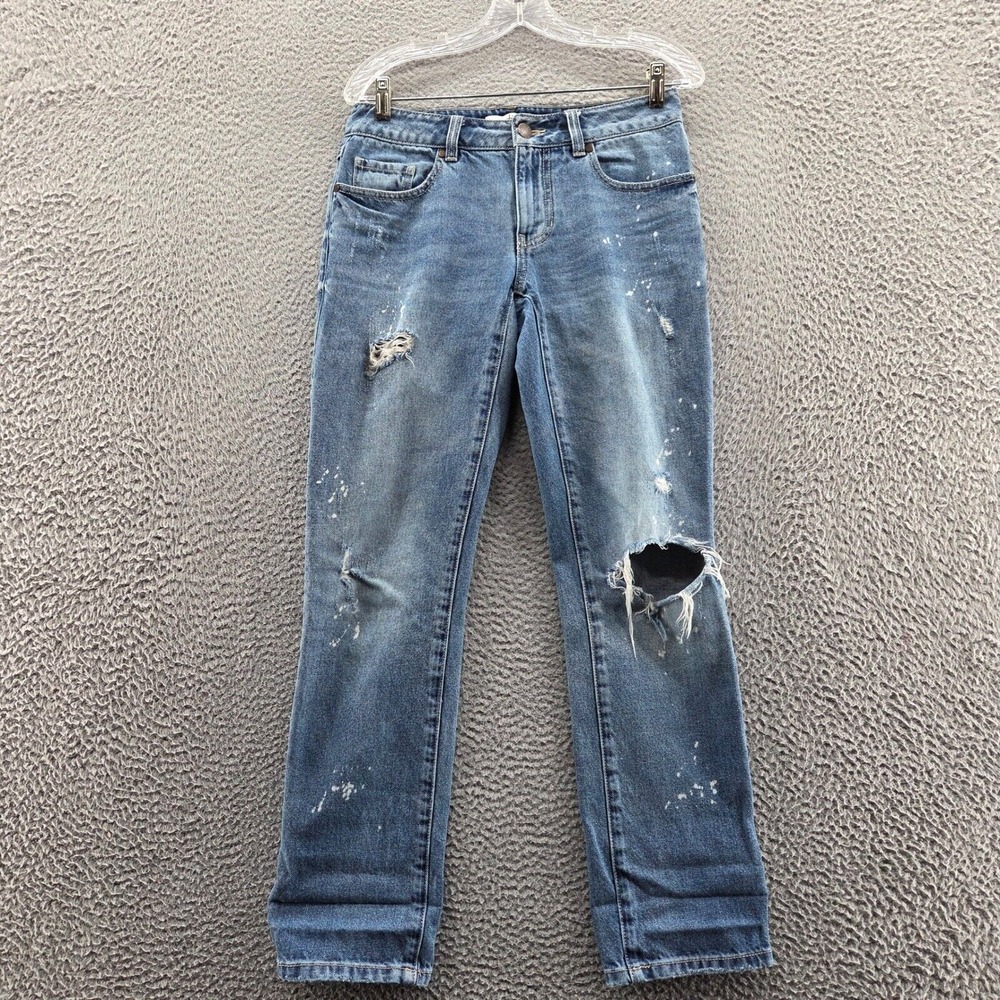 CAbi Womens 100% bf Boyfriend Jeans 0 Blue Distressed Paint Splatter Mid Rise
